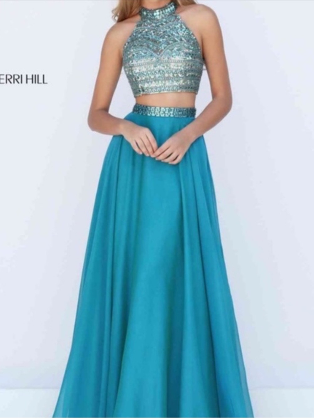 Sherri Hill Teal Two-Piece Beaded Halter Gown